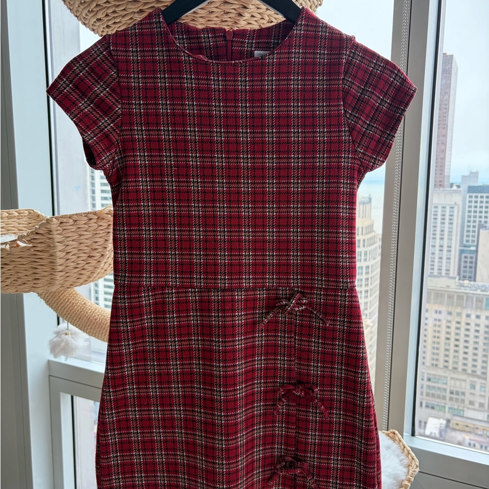 Classic Red Plaid Kids Dress with shorts and Bow Accents.